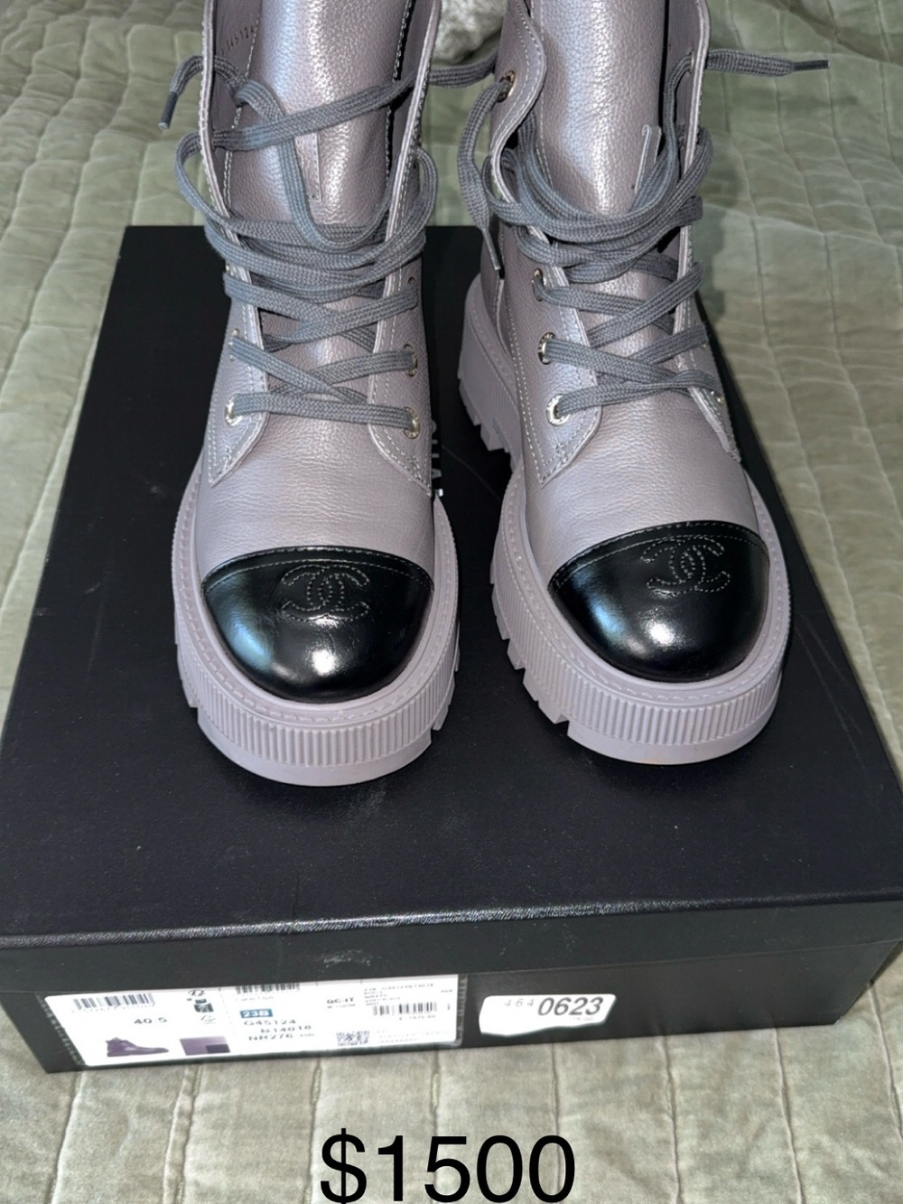 CHANEL Gray and Black Lace-Up Combat Boots (Box Label)